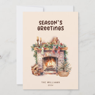 Beige- und braune Weihnachtskarte mit Kamin Feiertagskarte