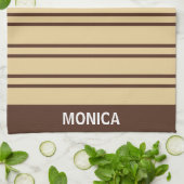 Beige- und Braunstreifen-Muster Monogramm Name Geschirrtuch (Gefaltet)