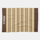 Beige- und Braunstreifen-Muster Monogramm Name Geschirrtuch (Horizontal)