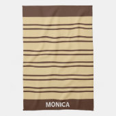 Beige- und Braunstreifen-Muster Monogramm Name Geschirrtuch (Vertikal)