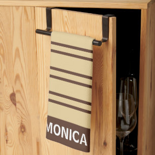 Beige- und Braunstreifen-Muster Monogramm Name Geschirrtuch