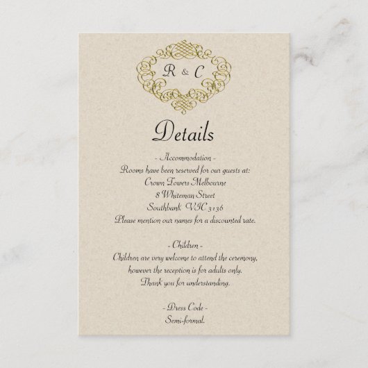 Beige und Gold Elegance Mit Monogramm Wappen Hochz Begleitkarte (Vorderseite)