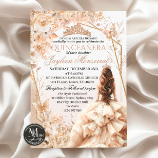 Beige- und Gold-Quinceañera-Prinzessin Mädchen-Tia Einladung