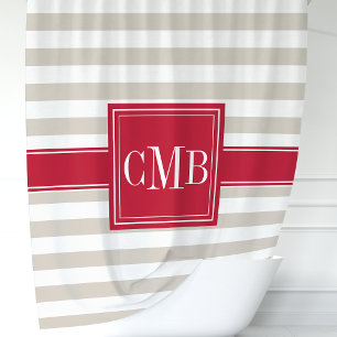 Beige und rote Streifen Monogramm Duschvorhang