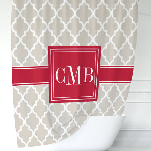 Beige- und Rotes Marokkanisches Vierblatt-Monogram Duschvorhang