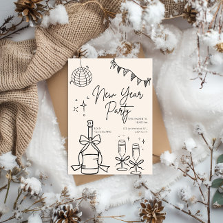 Beige und schwarze Doodle Silvesterparty Einladung