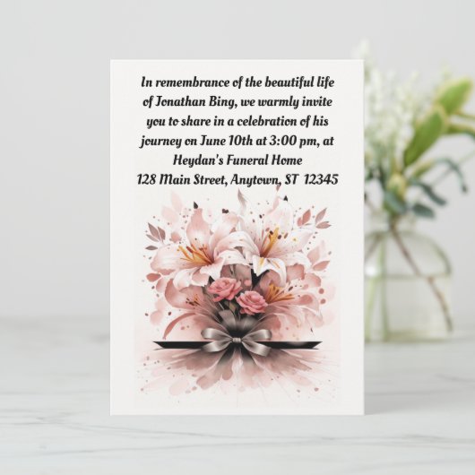 Beige und Sepia Lilies Celebration of Life Einladung (Stehend Vorderseite)