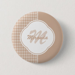 Beige und Tan-Hahnentrittmuster-Monogramm und Name Button