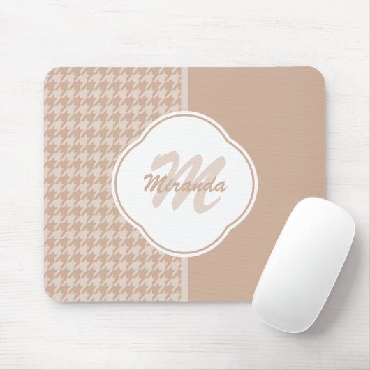 Beige und Tan-Hahnentrittmuster-Monogramm und Name Mousepad (Mit Mouse)