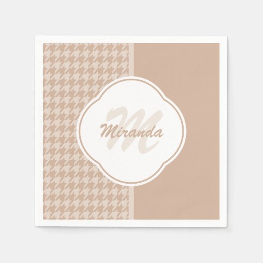 Beige und Tan-Hahnentrittmuster-Monogramm und Name Serviette (Vorderseite)