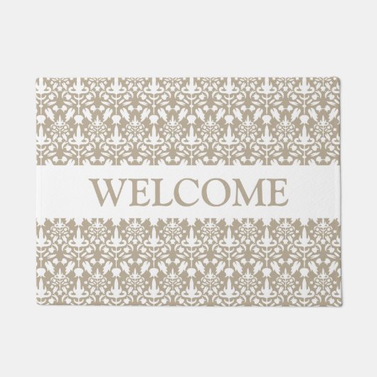 Beige und weiße Damaskus-Muster mit Begrüßungstext Fußmatte (Vorderseite)