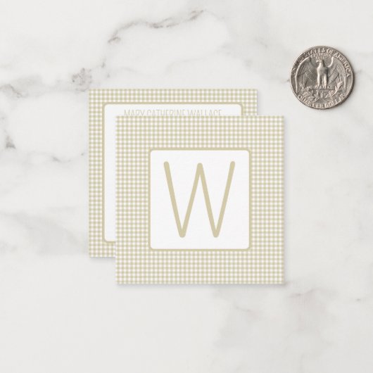 Beige und weiße Gingham-Karo-Monogramm Mitteilungskarte (Vorderseite/Rückseite Beispiel)