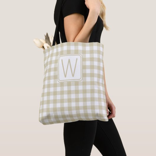 Beige und weiße Gingham-Karo-Monogramm Tasche (Von Nahem)