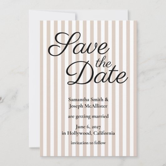 Beige und weiße Streifen Save The Date (Vorderseite)