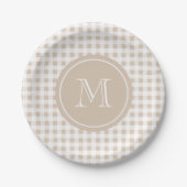 Beige und weißer Gingham, Ihr Monogramm Pappteller (Vorderseite)