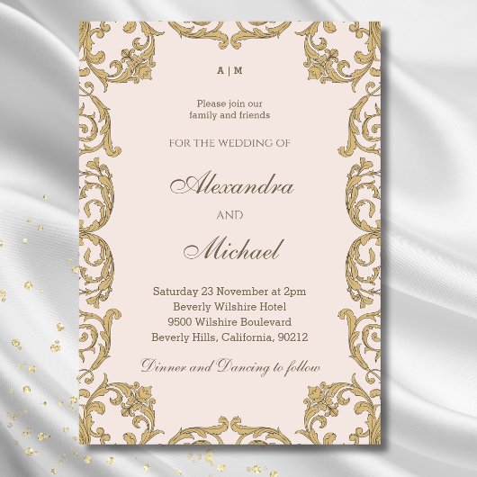 Beige Verzierte Monogram Vintag Barockhochzeit Einladung