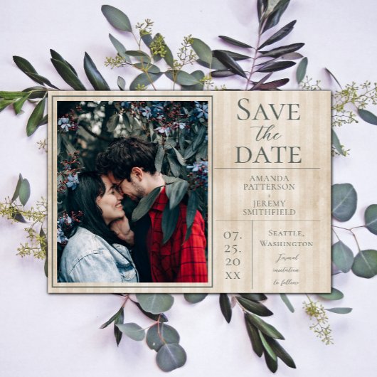 Beige Vintag gestreiftes Foto Save the Date