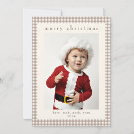 Beige Vintage Gingham Photo Card for Christmas Feiertagskarte