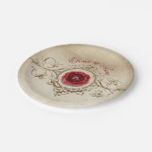 Beige Vintage Ornamente und Rote Rose Pappteller (Schrägansicht)