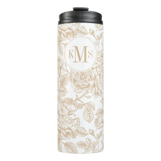Beige Vintage Rose Blume Muster Thermosbecher (Vorderseite)