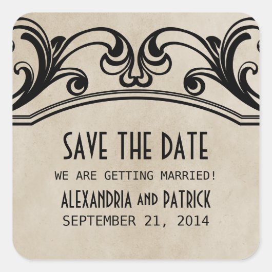 Beige Vintage Wirbel Save the Date Stickers (Vorderseite)