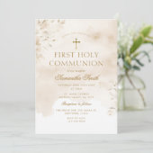 Beige Watercolor Gold Cross Erste heilige Kommune Einladung (Stehend Vorderseite)