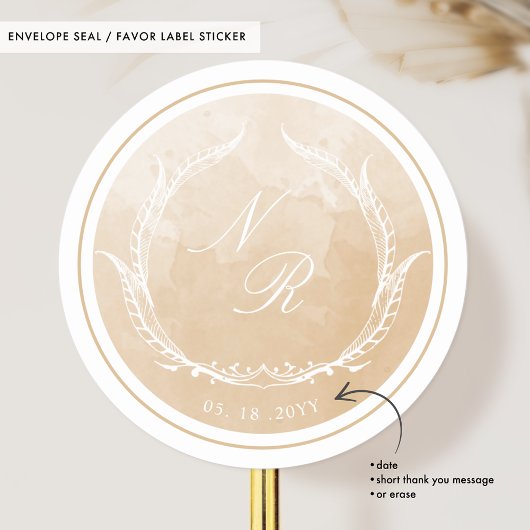 Beige Watercolor Mit Monogramm Umschlag Aufkleber