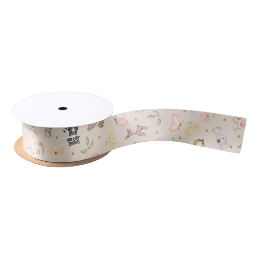 Beige Watercolor Waldtiere Satinband (Spule)