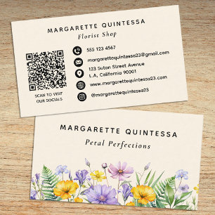 Beige Watercolor Wildflowers Florist QR-Code Visitenkarte