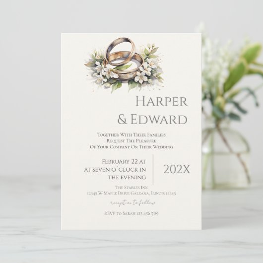 beige wedding invitation with ring einladung (Stehend Vorderseite)