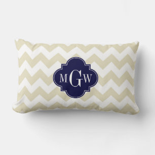 Beige Weiß Chevron Marineblau Vierblatt 3 Monogram Lendenkissen