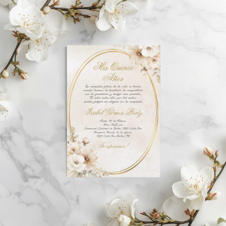Beige Weiße Blume Spanisch Quinceanera Einladung