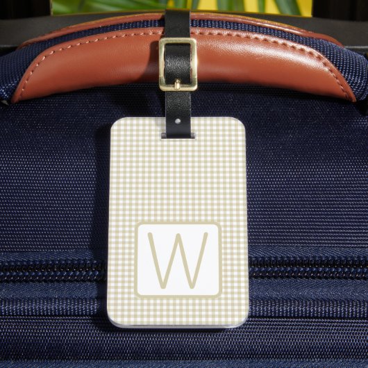 Beige-weiße Gingham-Karo-Monogramm Gepäckanhänger (Vorderseite Insitu 2)
