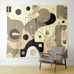 Beige weiße Schwarz, skurrile Formen, modernes Des Wandteppich