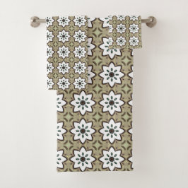 Beige, weiße und schwarze geometrische Mandala  Badhandtuch Set