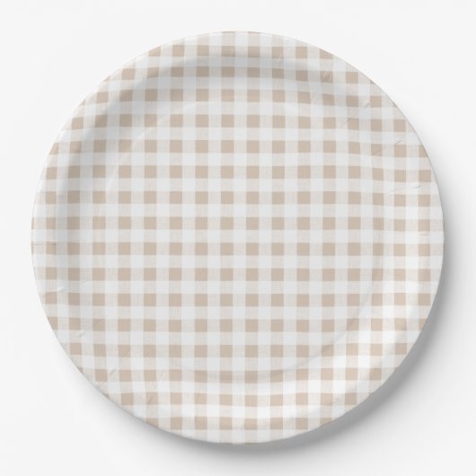 Beige weißes Gingham-Muster Pappteller (Vorderseite)