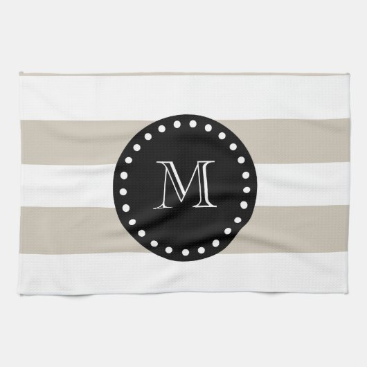 Beige weißes Streifen-Muster, schwarzes Monogramm Geschirrtuch (Horizontal)