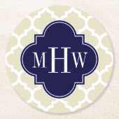 Beige Welch marokkanischer #5 Navy Blue 3 Initial Runder Pappuntersetzer (Vorderseite)