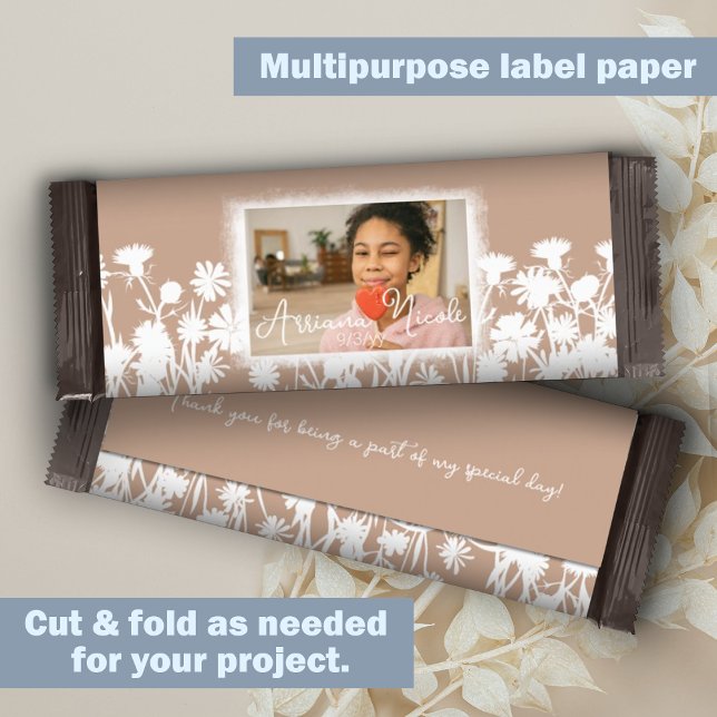 Beige White Bat Mitzvah Custom Candy Bar Wrapper (beige, white botanical wild flowers bat mitzvah cheap chocolate bar wrapper DIY)