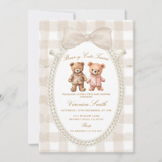 Beige White Bear-y Cute Twins Bear Baby Shower Einladung (Vorderseite)