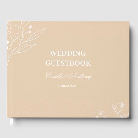 Beige White Corner Floral Boho Wedding Gästebuch (Vorderseite)