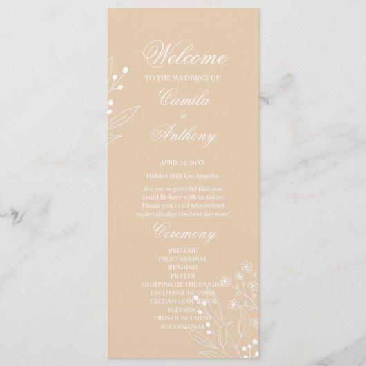 Beige White Corner Floral Boho Wedding Programm (Vorderseite)