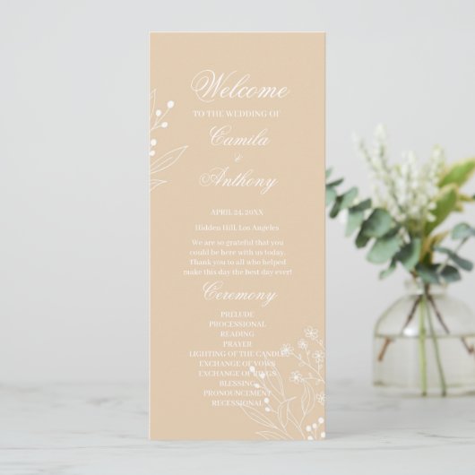 Beige White Corner Floral Boho Wedding Programm (Stehend Vorderseite)