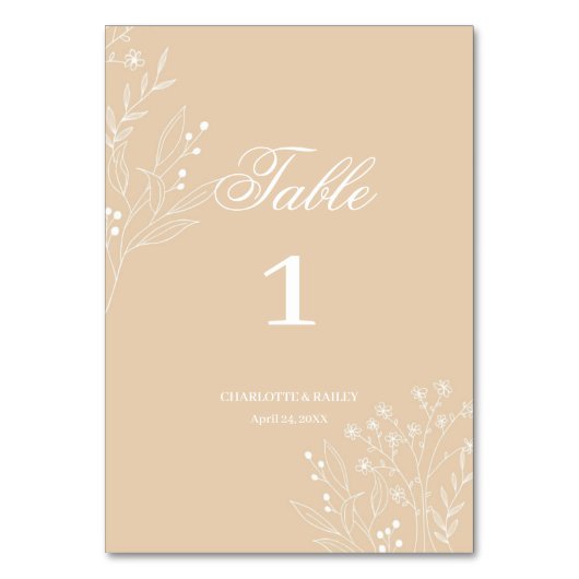 Beige White Corner Floral Boho Wedding Tischnummer (Vorderseite)
