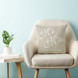 Beige White Linen Mr. and Mrs Wedding Pillow Kissen