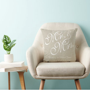 Beige White Linen Mr. and Mrs Wedding Pillow Kissen