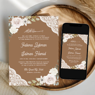 Beige White Roses Lace Islamische Hochzeit Einladung