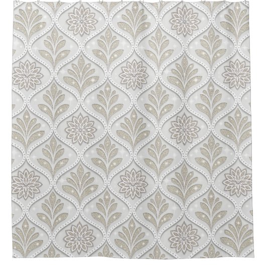 Beige & White Sparkling Quatrefoil Pattern Duschvorhang (Vorderseite)