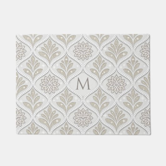 Beige & White Sparkling Quatrefoil Pattern Fußmatte (Vorderseite)