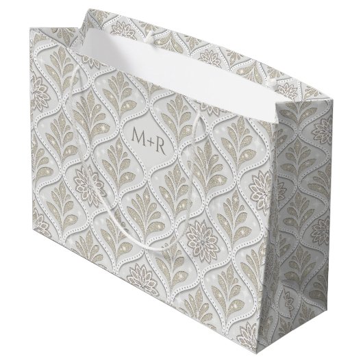 Beige & White Sparkling Quatrefoil Pattern Große Geschenktüte (Rückseite Schrägansicht)